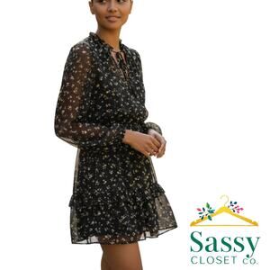 Abercrombie & Fitch Black Floral Sheer Overlay Slip Dress XS Long Sleeve EUC